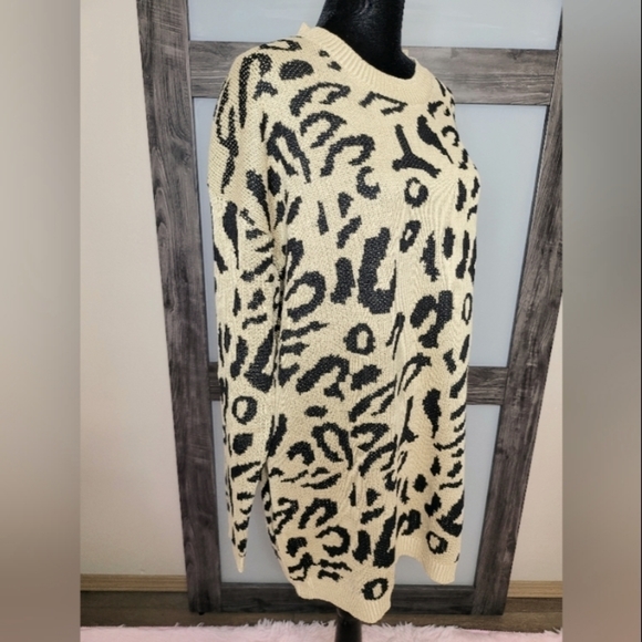 Women's Leopard Print Long Sleeve Sweater Dress- Light Brown/ Black - Picture 9 of 13